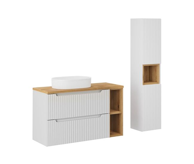Conjunto mueble lavabo individual 100cm 2 cajones 2 compartimientos y columna riva blanco y madera