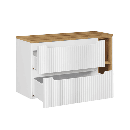 Conjunto móvel lavatório simples 100cm 2 gavetas 2 nichos e coluna Riva branco e madeira
