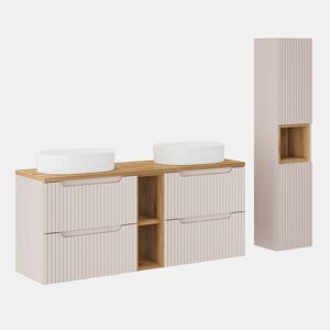 Móvel de lavatório duplo 140cm 4 gavetas 2 nichos e coluna Riva Cashmere e Madeira