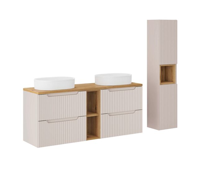 Conjunto mueble lavabo doble 140cm 4 cajones 2 compartimientos y columna riva cachemira y madera