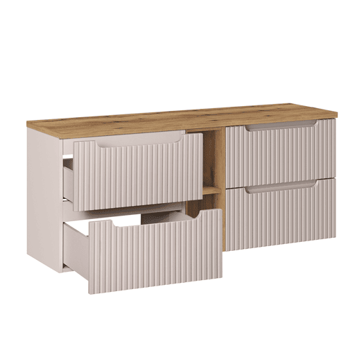 Móvel de lavatório duplo 140cm 4 gavetas 2 nichos e coluna Riva Cashmere e Madeira