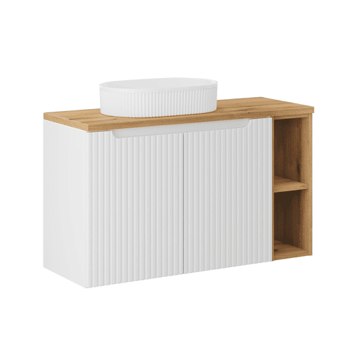 Móvel lavatório simples 100cm 2 portas 2 nichos Riva branco e madeira