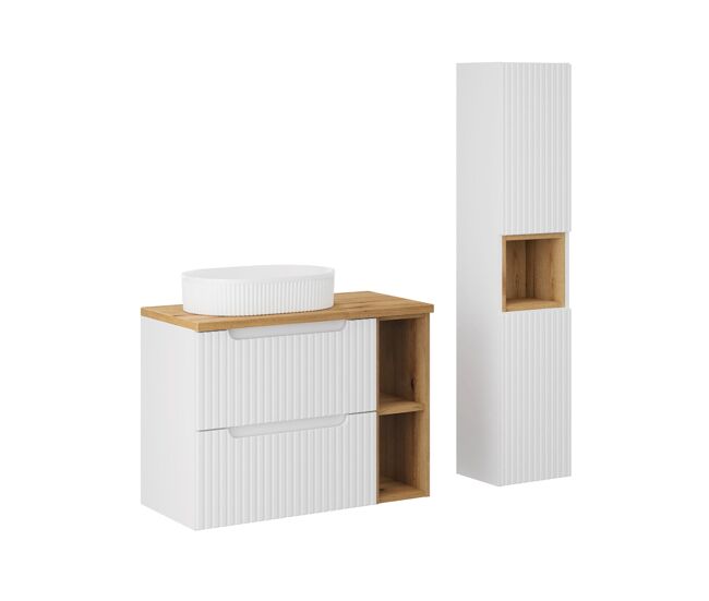 Conjunto mueble lavabo individual 80cm 2 cajones 2 compartimientos y columna riva blanco y madera