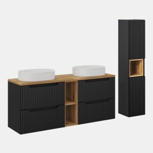 Móvel de lavatório duplo 140cm 4 gavetas 2 nichos e coluna Riva Preto e Madeira