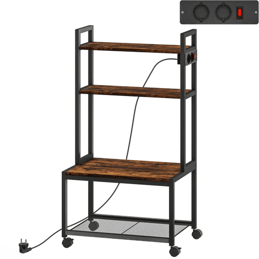 HOMCOM Suporte para Impressora com Estação de Carregamento Móvel para Impressora de 4 Níveis com Rodas e Estrutura Metálica para Escritório Casa 55x37,5x100 cm Castanho Rústico