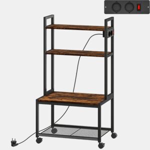 HOMCOM Suporte para Impressora com Estação de Carregamento Móvel para Impressora de 4 Níveis com Rodas e Estrutura Metálica para Escritório Casa 55x37,5x100 cm Castanho Rústico