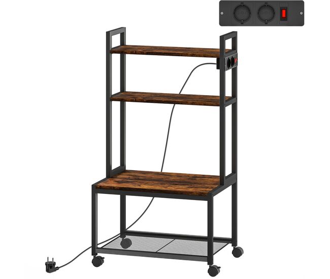 Homcom soporte para impresora con estación de carga mueble para impresora de 4 niveles con ruedas y marco metálico para oficina casa escuela marrón rústico