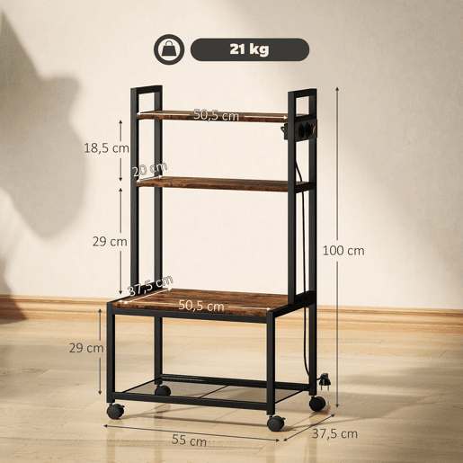 HOMCOM Suporte para Impressora com Estação de Carregamento Móvel para Impressora de 4 Níveis com Rodas e Estrutura Metálica para Escritório Casa 55x37,5x100 cm Castanho Rústico