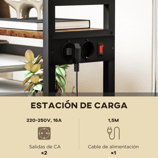 HOMCOM Suporte para Impressora com Estação de Carregamento Móvel para Impressora de 4 Níveis com Rodas e Estrutura Metálica para Escritório Casa 55x37,5x100 cm Castanho Rústico