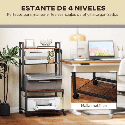 HOMCOM Suporte para Impressora com Estação de Carregamento Móvel para Impressora de 4 Níveis com Rodas e Estrutura Metálica para Escritório Casa 55x37,5x100 cm Castanho Rústico