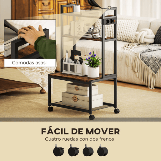 HOMCOM Suporte para Impressora com Estação de Carregamento Móvel para Impressora de 4 Níveis com Rodas e Estrutura Metálica para Escritório Casa 55x37,5x100 cm Castanho Rústico