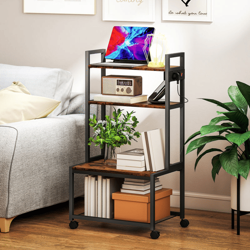 HOMCOM Suporte para Impressora com Estação de Carregamento Móvel para Impressora de 4 Níveis com Rodas e Estrutura Metálica para Escritório Casa 55x37,5x100 cm Castanho Rústico