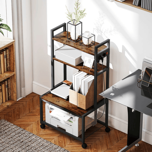 HOMCOM Suporte para Impressora com Estação de Carregamento Móvel para Impressora de 4 Níveis com Rodas e Estrutura Metálica para Escritório Casa 55x37,5x100 cm Castanho Rústico