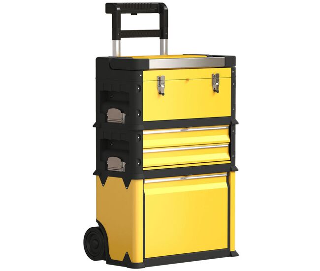Homcom tallar móvil apilable 3 en 1 caja de herramientas con ruedas carro de herramientas de acero con bandeja mango telescópico amarillo y negro