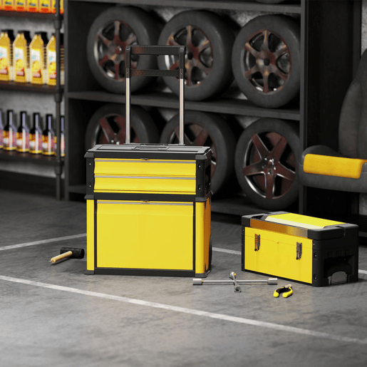 HOMCOM Caixa de Ferramentas Empilhável 3 em 1 Caixa de Ferramentas com Rodas Carro de Ferramentas de Aço com Bandeja e Cabo Telescópico 52x32x72 cm Amarelo e Preto