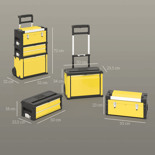 HOMCOM Caixa de Ferramentas Empilhável 3 em 1 Caixa de Ferramentas com Rodas Carro de Ferramentas de Aço com Bandeja e Cabo Telescópico 52x32x72 cm Amarelo e Preto