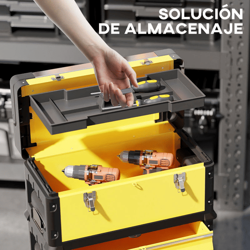 HOMCOM Caixa de Ferramentas Empilhável 3 em 1 Caixa de Ferramentas com Rodas Carro de Ferramentas de Aço com Bandeja e Cabo Telescópico 52x32x72 cm Amarelo e Preto