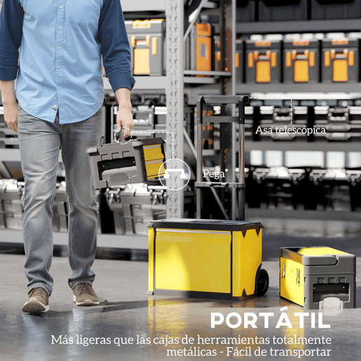 HOMCOM Caixa de Ferramentas Empilhável 3 em 1 Caixa de Ferramentas com Rodas Carro de Ferramentas de Aço com Bandeja e Cabo Telescópico 52x32x72 cm Amarelo e Preto