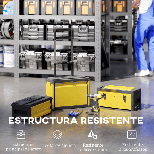 HOMCOM Caixa de Ferramentas Empilhável 3 em 1 Caixa de Ferramentas com Rodas Carro de Ferramentas de Aço com Bandeja e Cabo Telescópico 52x32x72 cm Amarelo e Preto