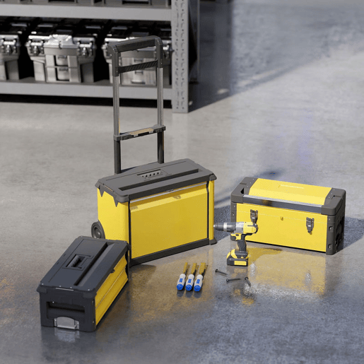 HOMCOM Caixa de Ferramentas Empilhável 3 em 1 Caixa de Ferramentas com Rodas Carro de Ferramentas de Aço com Bandeja e Cabo Telescópico 52x32x72 cm Amarelo e Preto