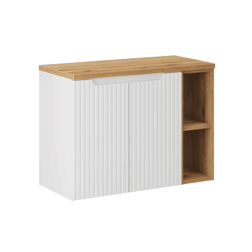 Móvel de 80 cm com 2 portas e 2 nichos Riva branco e madeira Móvel de 80 cm com 2 portas e 2 nichos Riva branco e madeira