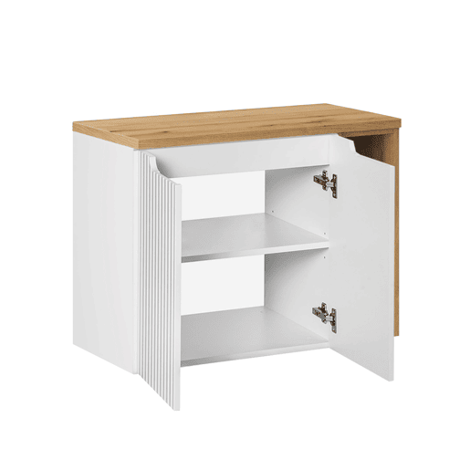 Móvel de 80 cm com 2 portas e 2 nichos Riva branco e madeira Móvel de 80 cm com 2 portas e 2 nichos Riva branco e madeira