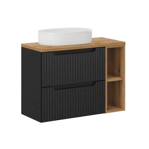 Móvel de lavatório simples 80cm 2 gavetas 2 nichos Riva Preto e Madeira