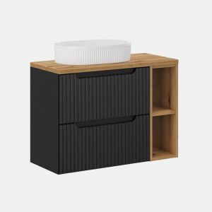 Móvel de lavatório simples 80cm 2 gavetas 2 nichos Riva Preto e Madeira