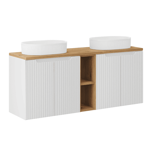 Móvel lavatório duplo 140cm 4 portas 2 nichos Riva branco e madeira