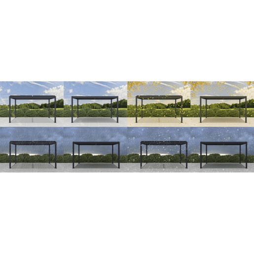 Pérgula bioclimática de jardim em alumínio - Dimensões: 304 x 394 x 218 cm - Materiais: alumínio - Cinza escuro Pérgula bioclimática de jardim em alumínio - Dimensões: 304 x 394 x 218 cm - Materiais: alumínio - Cinza escuro