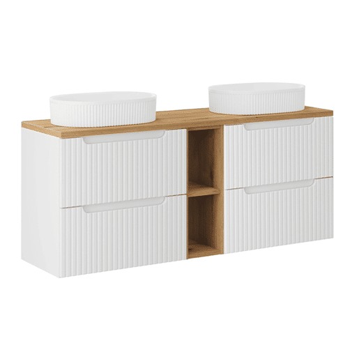 Móvel lavatório duplo 140cm 4 gavetas 2 nichos Riva branco e madeira