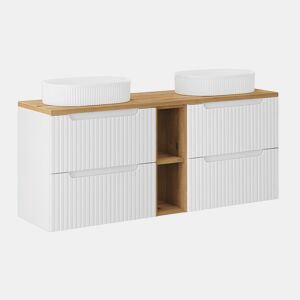 Móvel lavatório duplo 140cm 4 gavetas 2 nichos Riva branco e madeira