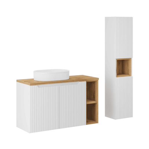 Conjunto móvel lavatório simples 100cm 2 portas 2 nichos e coluna Riva branco e madeira