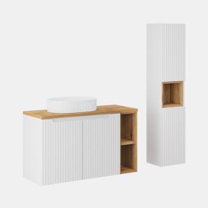 Conjunto móvel lavatório simples 100cm 2 portas 2 nichos e coluna Riva branco e madeira