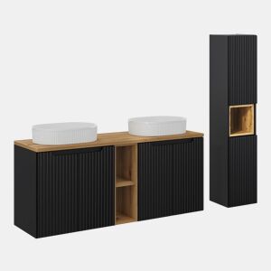 Móvel de lavatório duplo 140cm 4 portas 2 nichos e coluna Riva Preto e Madeira