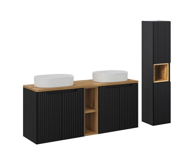Conjunto mueble lavabo doble 140cm 4 puertas 2 compartimientos y columna riva negro y madera