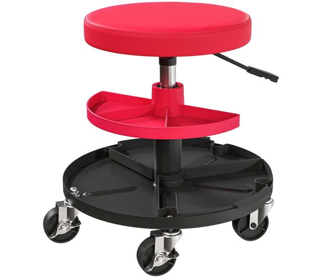Homcom taburete de taller giratorio con ruedas altura ajustable de 40-51 cm asiento taburete para mecánico con 2 bandejas para herramientas carga 135 kg para garaje reparación de automóviles rojo