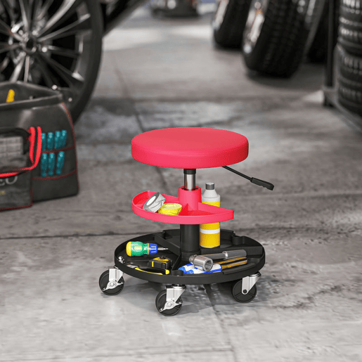HOMCOM Banco de Oficina Giratório com Rodas Altura Ajustável de 40-51 cm Assento de Banco para Mecânico com 2 Bandejas para Ferramentas, Carga 135 kg para Garagem ou Reparação de Automóveis Vermelho