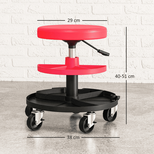 HOMCOM Banco de Oficina Giratório com Rodas Altura Ajustável de 40-51 cm Assento de Banco para Mecânico com 2 Bandejas para Ferramentas, Carga 135 kg para Garagem ou Reparação de Automóveis Vermelho