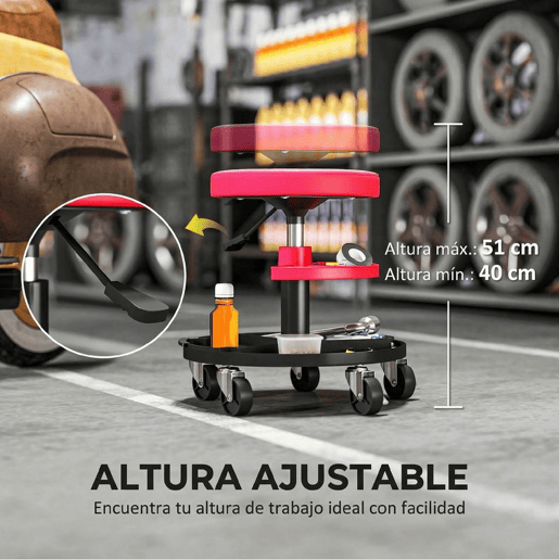HOMCOM Banco de Oficina Giratório com Rodas Altura Ajustável de 40-51 cm Assento de Banco para Mecânico com 2 Bandejas para Ferramentas, Carga 135 kg para Garagem ou Reparação de Automóveis Vermelho