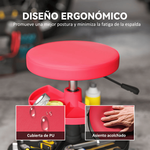 HOMCOM Banco de Oficina Giratório com Rodas Altura Ajustável de 40-51 cm Assento de Banco para Mecânico com 2 Bandejas para Ferramentas, Carga 135 kg para Garagem ou Reparação de Automóveis Vermelho