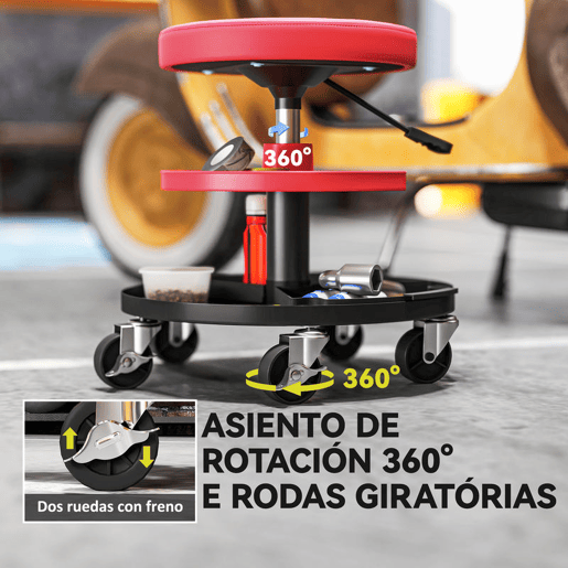 HOMCOM Banco de Oficina Giratório com Rodas Altura Ajustável de 40-51 cm Assento de Banco para Mecânico com 2 Bandejas para Ferramentas, Carga 135 kg para Garagem ou Reparação de Automóveis Vermelho