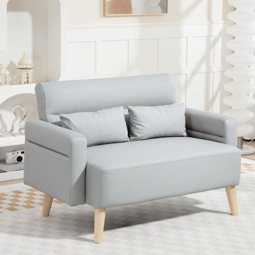 HOMCOM Sofá de 2 Lugares Estofado em Couro Sintético Sofá de Sala de Estar de 117 cm com Braços Acolchoados e Pernas de Madeira para Quarto Sala de Estar 117x78x78 cm Cinza