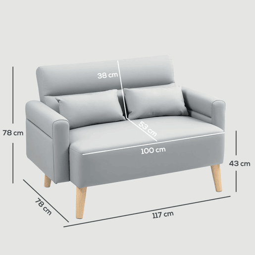 HOMCOM Sofá de 2 Lugares Estofado em Couro Sintético Sofá de Sala de Estar de 117 cm com Braços Acolchoados e Pernas de Madeira para Quarto Sala de Estar 117x78x78 cm Cinza