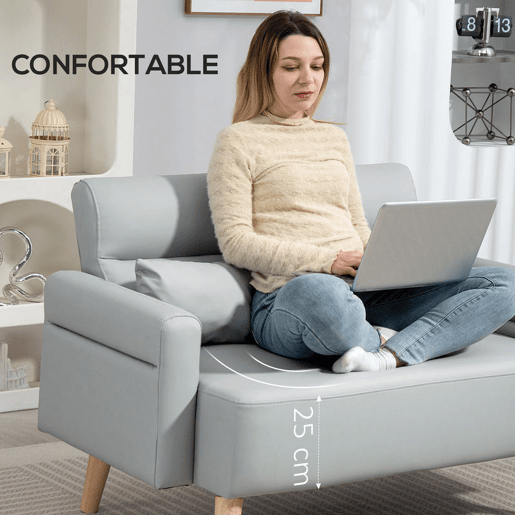 HOMCOM Sofá de 2 Lugares Estofado em Couro Sintético Sofá de Sala de Estar de 117 cm com Braços Acolchoados e Pernas de Madeira para Quarto Sala de Estar 117x78x78 cm Cinza