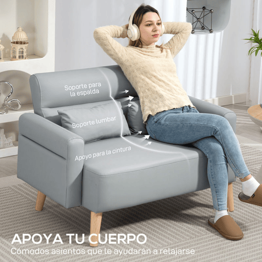 HOMCOM Sofá de 2 Lugares Estofado em Couro Sintético Sofá de Sala de Estar de 117 cm com Braços Acolchoados e Pernas de Madeira para Quarto Sala de Estar 117x78x78 cm Cinza