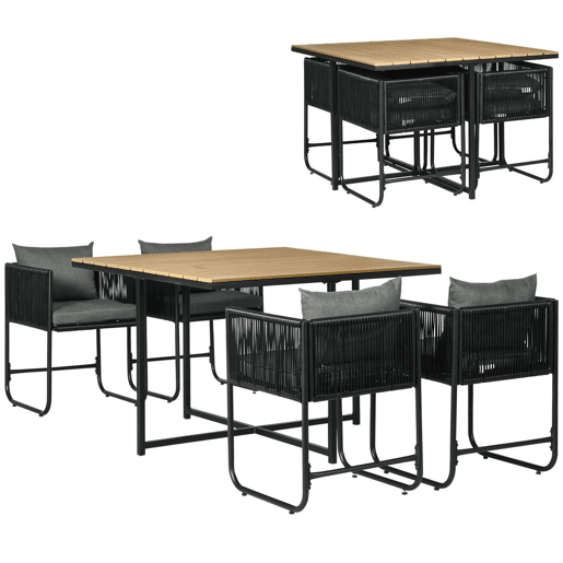 Outsunny Conjunto de Jardim de Vime Sintético Conjunto de Móveis de Exterior de Vime com 5 Peças Mesa Quadrada e 4 Cadeiras Almofadas Preto e Madeira
