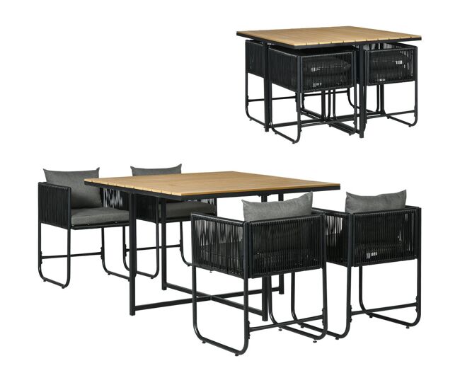 Outsunny conjunto de jardín exterior de ratán sintético juego de muebles de jardín para exterior de ratán de 5 piezas con mesa cuadrada 4 sillas cojines negro y natural