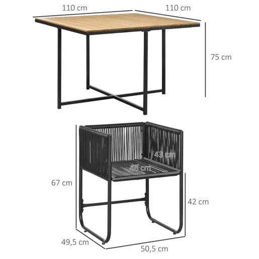Outsunny Conjunto de Jardim de Vime Sintético Conjunto de Móveis de Exterior de Vime com 5 Peças Mesa Quadrada e 4 Cadeiras Almofadas Preto e Madeira