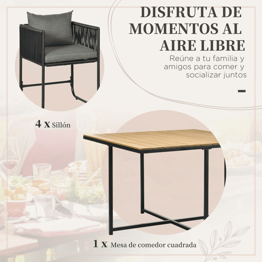 Outsunny Conjunto de Jardim de Vime Sintético Conjunto de Móveis de Exterior de Vime com 5 Peças Mesa Quadrada e 4 Cadeiras Almofadas Preto e Madeira